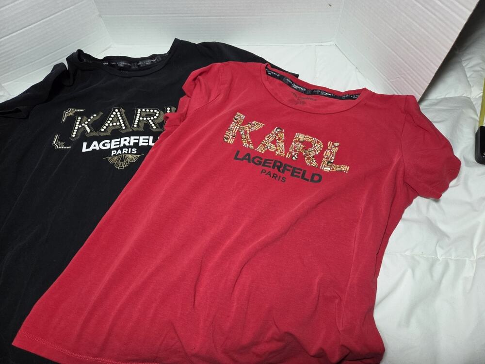 Karl Lagerfeld Paris Women Red Black Beaded Logo Crewneck Tee Top M Set 2 Retire
